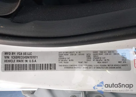 2025 Ram 1500 Tradesman 4X2 6'4 Box z USA, uszkodzony, nr VIN 1C6SRECG4SN707071